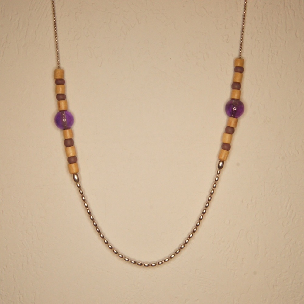 Sterling silver necklace, amethyst, wood beads